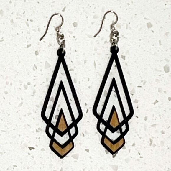 Art Deco Chevron Dangle Earrings — Laser Cut Wood — Black & Brown - Picture 3 of 3